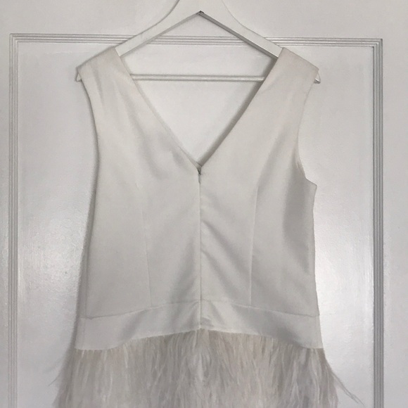Dress- white, v-neck, drop waist, feathered skirt - Picture 4 of 5